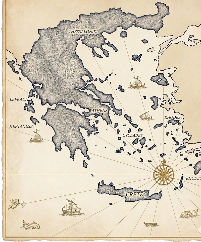A vintage Mediterranean nautical chart of Greece showing the mainland, Crete and the islands