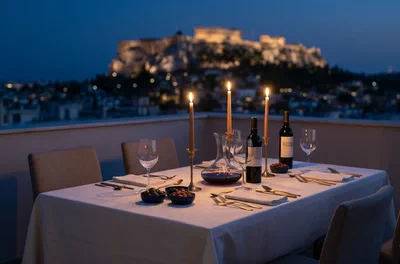 Fine dining rooftop with the Acropolis at twilight